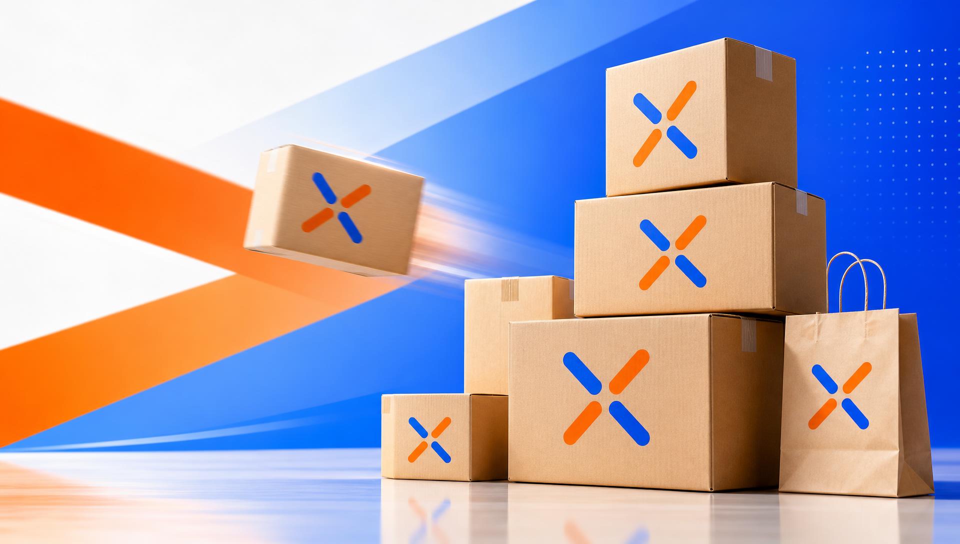 Cajas de envío Xentro con la X azul y naranja