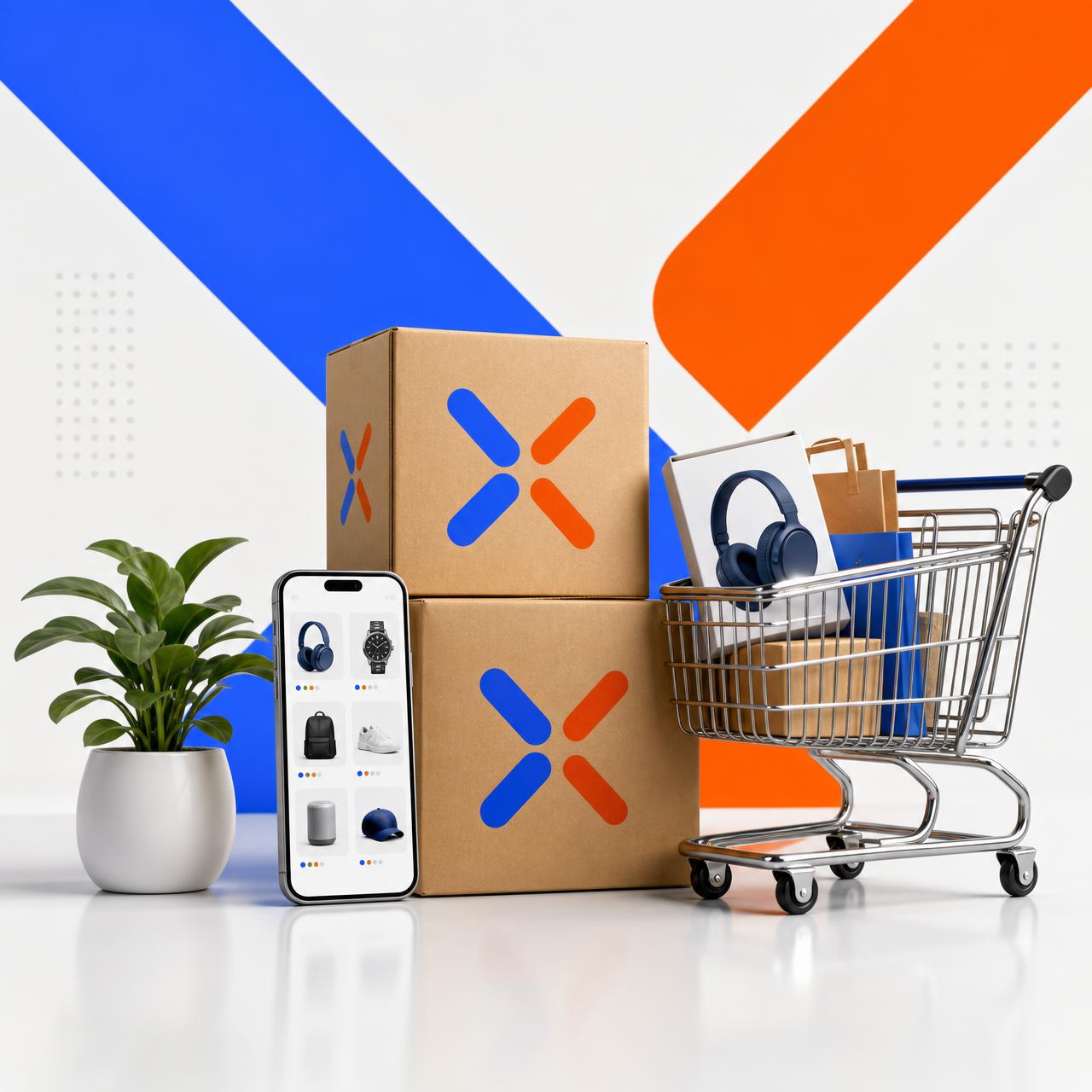 Cajas, carrito de compras y celular con la X de Xentro